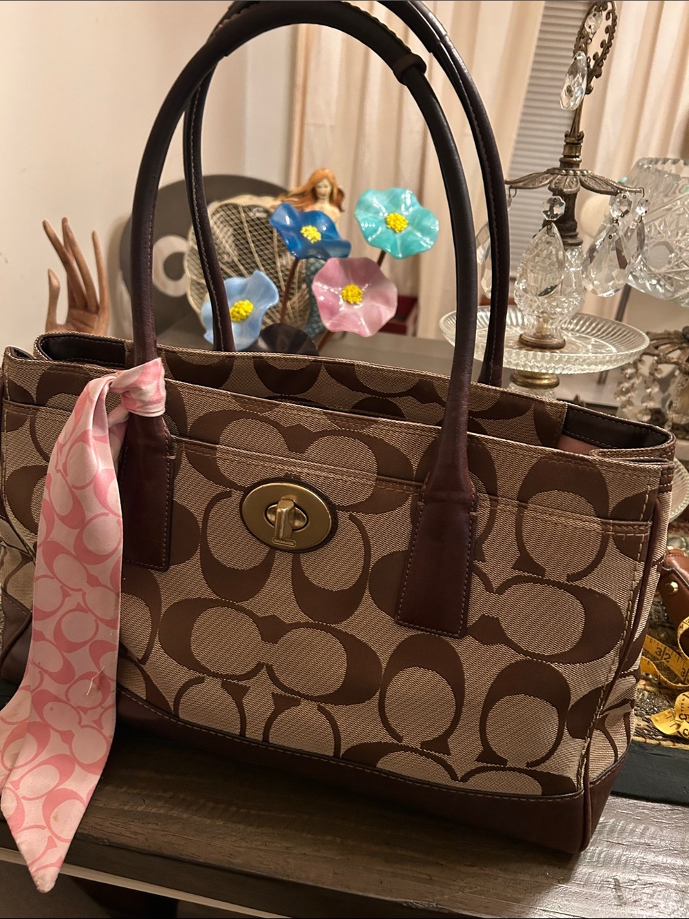 Coach Brown Signature Canvas Shoulder Tote with Pink Scarf Accent. Size 16w. 9h